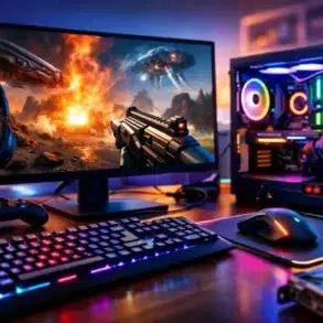Eurogamersonline.com PC Gaming beginner setup showing a gaming PC, monitor, keyboard, mouse, and recommended settings menu