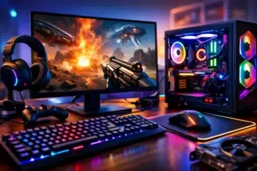 Eurogamersonline.com PC Gaming beginner setup showing a gaming PC, monitor, keyboard, mouse, and recommended settings menu