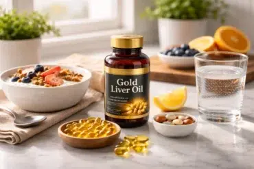 Lifestyle image of Gold Liver Oil bottle with vitamins and a healthy breakfast setup