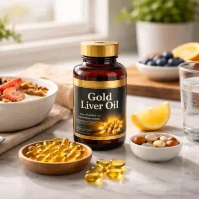 Lifestyle image of Gold Liver Oil bottle with vitamins and a healthy breakfast setup