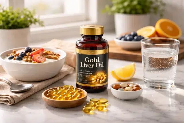 Lifestyle image of Gold Liver Oil bottle with vitamins and a healthy breakfast setup