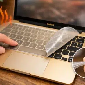 gold macbook keyboard cover showing proper fit and thin profile on MacBook keyboard