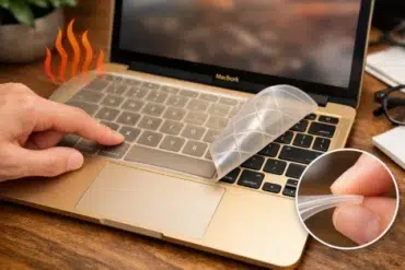 gold macbook keyboard cover showing proper fit and thin profile on MacBook keyboard