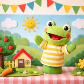 Hand Puppet Puppets in a child-friendly storytelling setup with a colorful hand puppet performing and simple props on a table