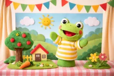 Hand Puppet Puppets in a child-friendly storytelling setup with a colorful hand puppet performing and simple props on a table