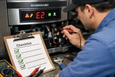 hoshizaki tech support quick fix checklist showing common error codes, airflow checks, water supply checks, and cleaning steps.