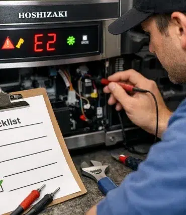 hoshizaki tech support quick fix checklist showing common error codes, airflow checks, water supply checks, and cleaning steps.