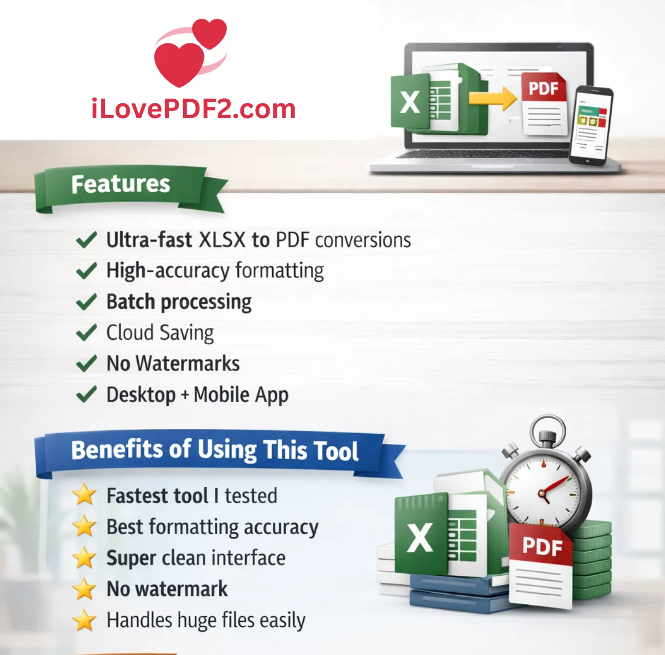 Features and benefits of iLovePDF.com for XLSX to PDF conversions, highlighting speed, accuracy, and user-friendly interface.