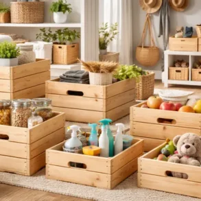pinewood boxes used as labeled storage organizers in a clean modern home