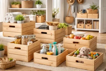 pinewood boxes used as labeled storage organizers in a clean modern home