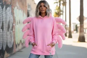 pink palm puff hoodie oversized streetwear look with puff print logo in pastel pink for 2026 fashion trend