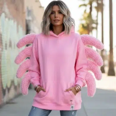 pink palm puff hoodie oversized streetwear look with puff print logo in pastel pink for 2026 fashion trend