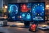 poland tech news concept showing AI dashboard, cybersecurity alerts, and European digital policy documents on a modern workspace screen