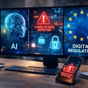 poland tech news concept showing AI dashboard, cybersecurity alerts, and European digital policy documents on a modern workspace screen