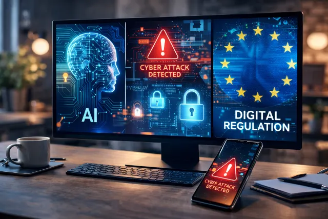 poland tech news concept showing AI dashboard, cybersecurity alerts, and European digital policy documents on a modern workspace screen