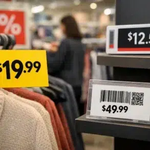 Price tags on retail shelves with clear pricing, unit price details, and barcode labels placed neatly under products for fast customer scanning and accuracy