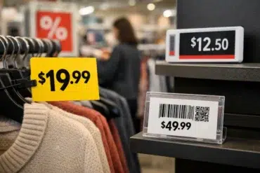 Price tags on retail shelves with clear pricing, unit price details, and barcode labels placed neatly under products for fast customer scanning and accuracy