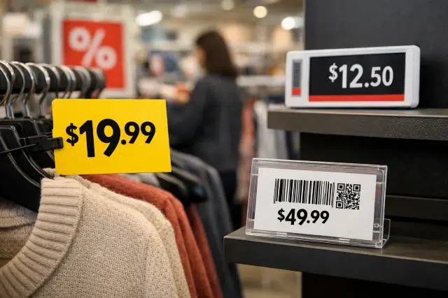 Price tags on retail shelves with clear pricing, unit price details, and barcode labels placed neatly under products for fast customer scanning and accuracy