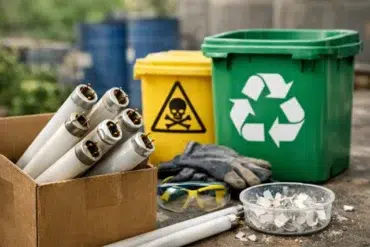 recycling tube fluorescents safely wrapped for recycling in a cardboard box at home