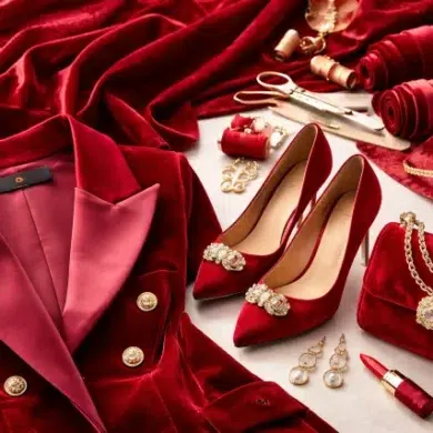 Red Valveteen outfit styling with blazer and skirt in winter look