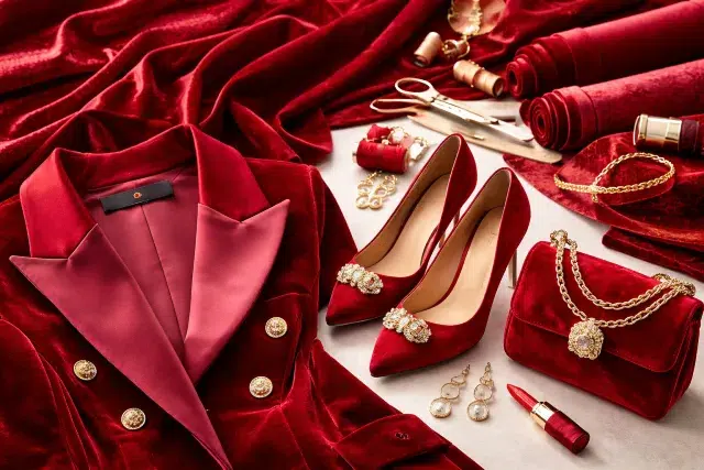 Red Valveteen outfit styling with blazer and skirt in winter look