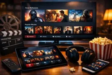rido movies interface showing genres, search bar, and movie library grid