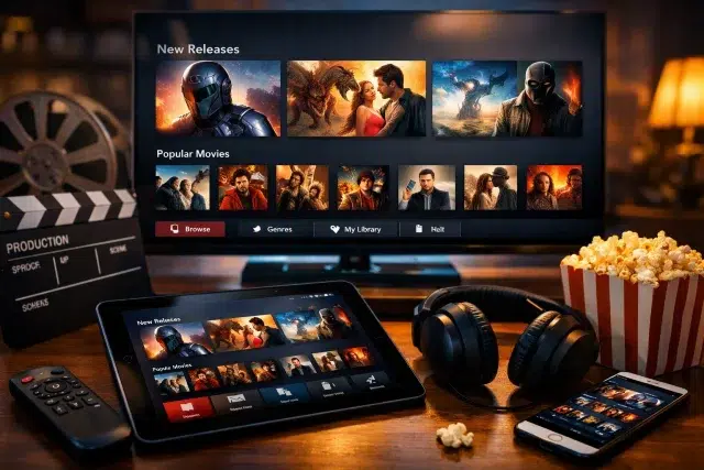 rido movies interface showing genres, search bar, and movie library grid