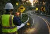 Road Safety Audit Tricks checklist showing hidden hazards at intersections, night visibility issues, speed cues, and pedestrian conflict points.