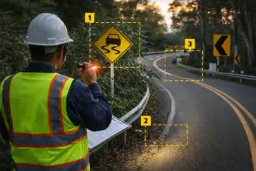 Road Safety Audit Tricks checklist showing hidden hazards at intersections, night visibility issues, speed cues, and pedestrian conflict points.