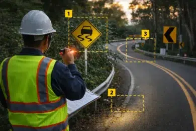 Road Safety Audit Tricks checklist showing hidden hazards at intersections, night visibility issues, speed cues, and pedestrian conflict points.