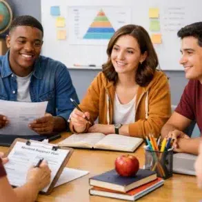 Student Study Team studying together with assigned roles, shared notes, and timed practice questions in a focused group session.