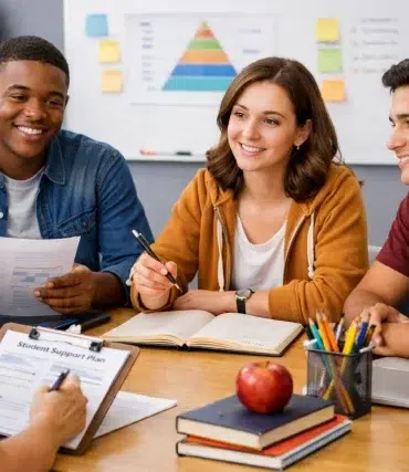 Student Study Team studying together with assigned roles, shared notes, and timed practice questions in a focused group session.