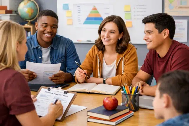Student Study Team studying together with assigned roles, shared notes, and timed practice questions in a focused group session.