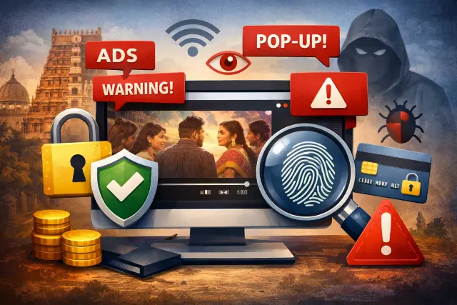 TamilDhool.Tech safety check showing popup ads, privacy risks, and security tips