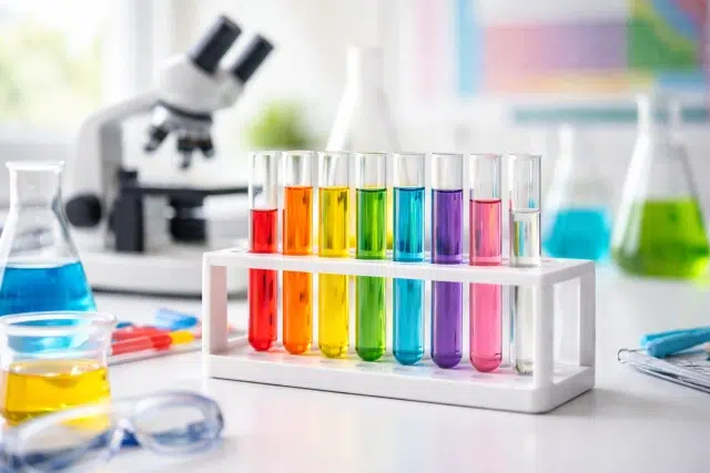 Test Tube Rack setup for students with labeled test tubes on a clean lab bench
