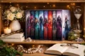 throne of glass box set styled on a modern bookshelf with bookends and warm lighting