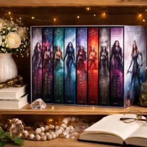 throne of glass box set styled on a modern bookshelf with bookends and warm lighting