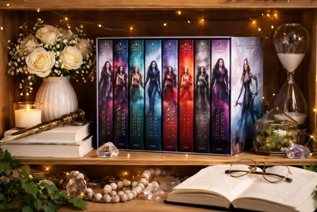 throne of glass box set styled on a modern bookshelf with bookends and warm lighting