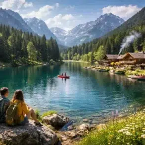 A couple sits on a rock by a serene lake, surrounded by mountains and lush trees, while others kayak near a charming wooden lodge.