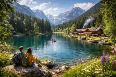 A couple sits on a rock by a serene lake, surrounded by mountains and lush trees, while others kayak near a charming wooden lodge.