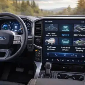 Interior of a car showing a modern dashboard. The steering wheel has a Ford logo, with a large central touchscreen displaying tech features. Forest view outside.