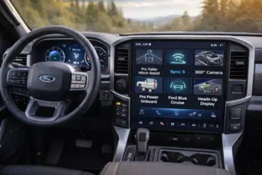 Interior of a car showing a modern dashboard. The steering wheel has a Ford logo, with a large central touchscreen displaying tech features. Forest view outside.