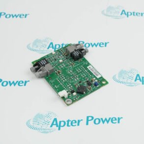 A green circuit board with various electronic components is placed on a white surface with repeated blue "Apter Power" logos in the background.