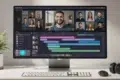 Wide computer monitor showing a video editing software interface with timeline and clips of people on video calls. Desk items include a plant, keyboard, and headphones.