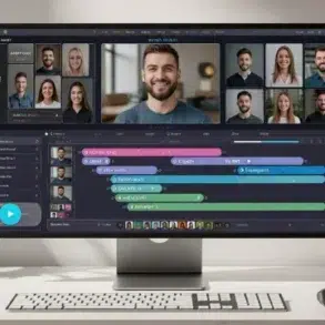 Wide computer monitor showing a video editing software interface with timeline and clips of people on video calls. Desk items include a plant, keyboard, and headphones.