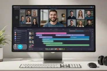 Wide computer monitor showing a video editing software interface with timeline and clips of people on video calls. Desk items include a plant, keyboard, and headphones.