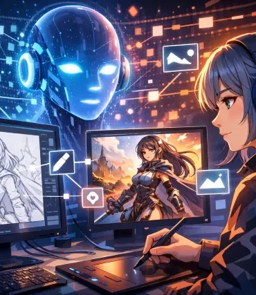 AI イラスト 生成 workflow diagram showing prompt to diffusion steps to final illustration