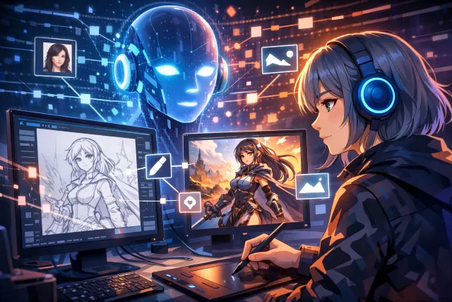 AI イラスト 生成 workflow diagram showing prompt to diffusion steps to final illustration