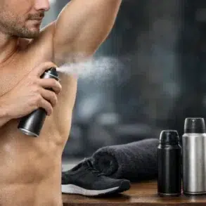 A shirtless man applies deodorant spray to his armpit. Nearby are two spray cans, a rolled towel, and a running shoe, conveying a gym setting and freshness.