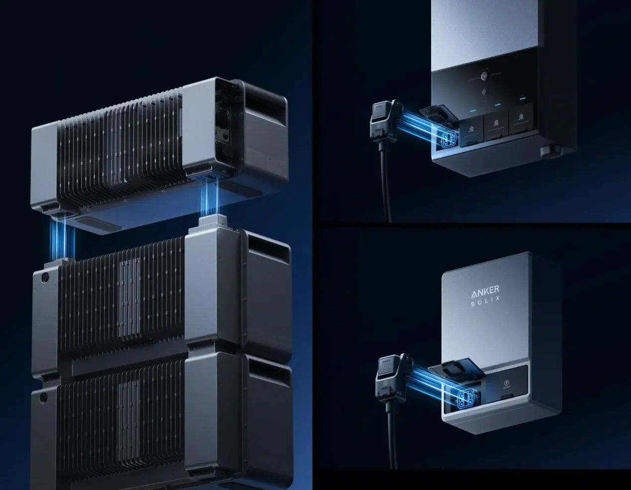 Split image showing a futuristic battery system. Left: modular battery blocks connecting. Right: close-ups of a charger interfacing with a wall unit labeled "Anker Solix." Blue tones suggest innovation.
